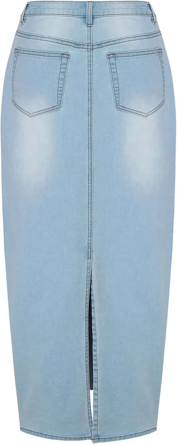 Women's Stretch Denim Maxi Skirt straightline with Back Split,Pencil Skirt
