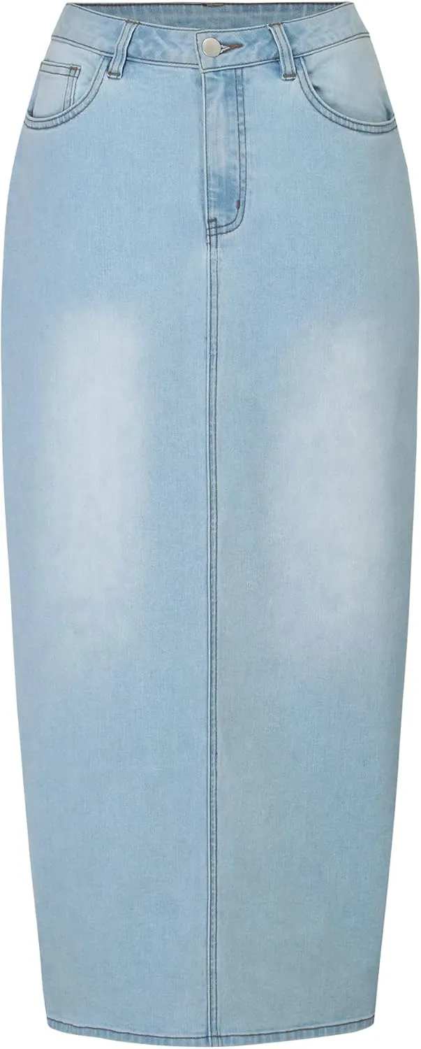 Women's Stretch Denim Maxi Skirt straightline with Back Split,Pencil Skirt