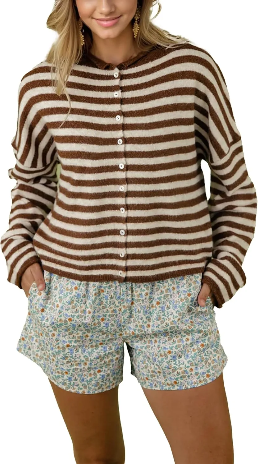 Womens Striped Cardigan Sweaters A Single Moment Button Up Tops Long Sleeve Casual Knit Lady Jackets