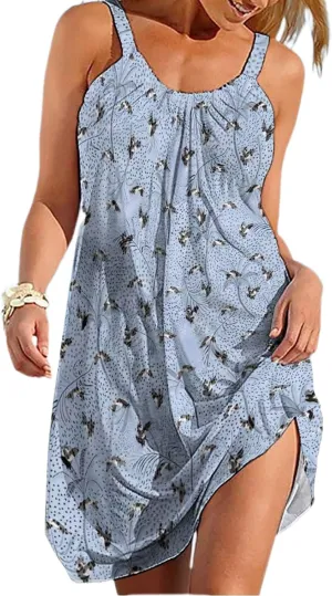 Women's Summer Bohemian Spaghetti Strap Loose Casual Flowy Midi Dress Beach Party Short Dresses for Vacation