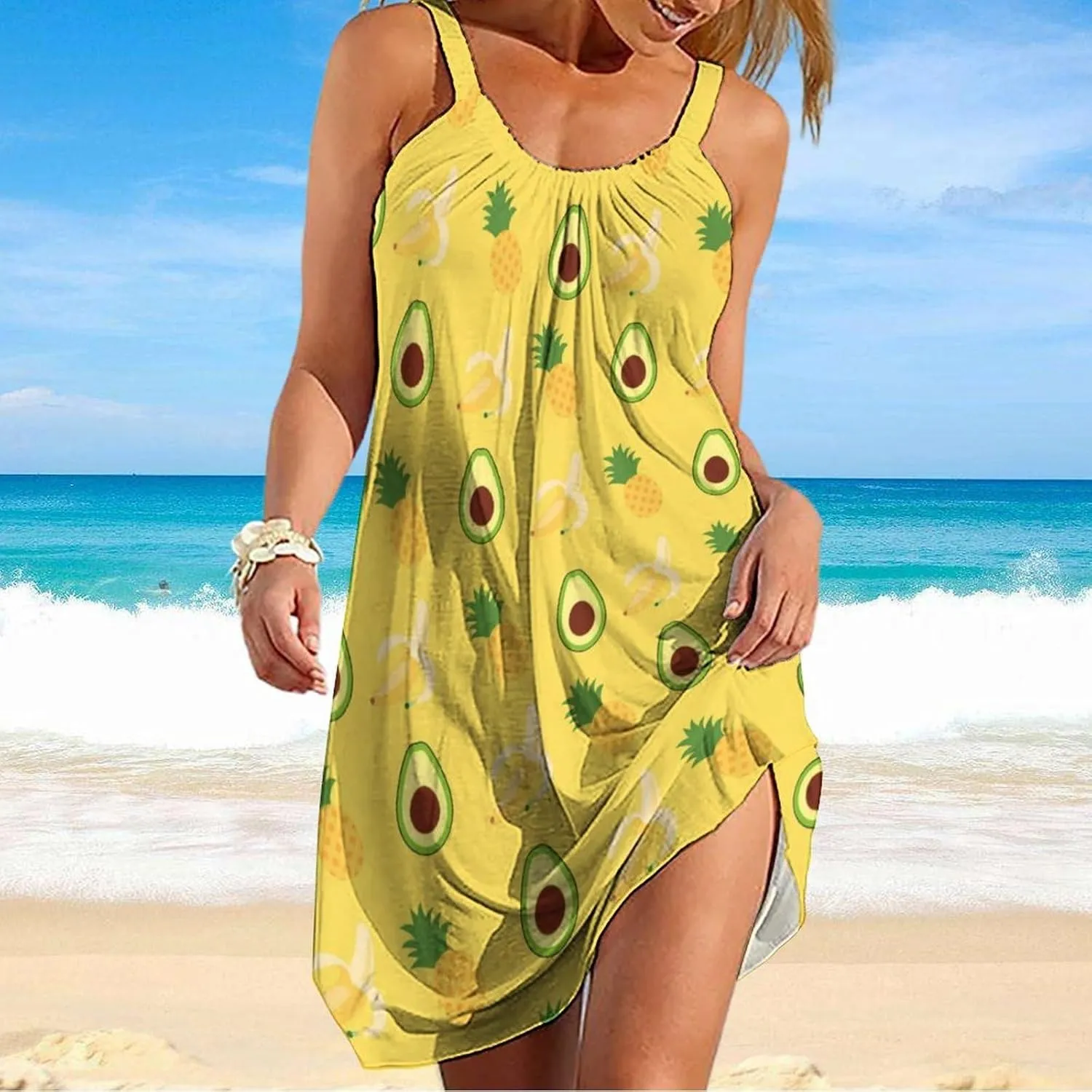 Women's Summer Bohemian Spaghetti Strap Loose Casual Flowy Midi Dress Beach Party Short Dresses for Vacation