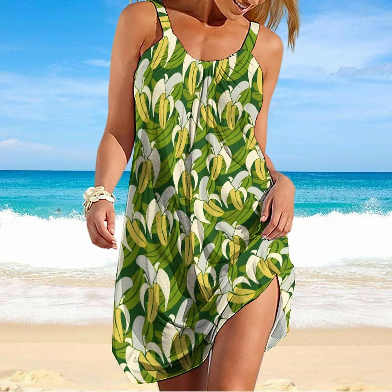 Women's Summer Bohemian Spaghetti Strap Loose Casual Flowy Midi Dress Beach Party Short Dresses for Vacation