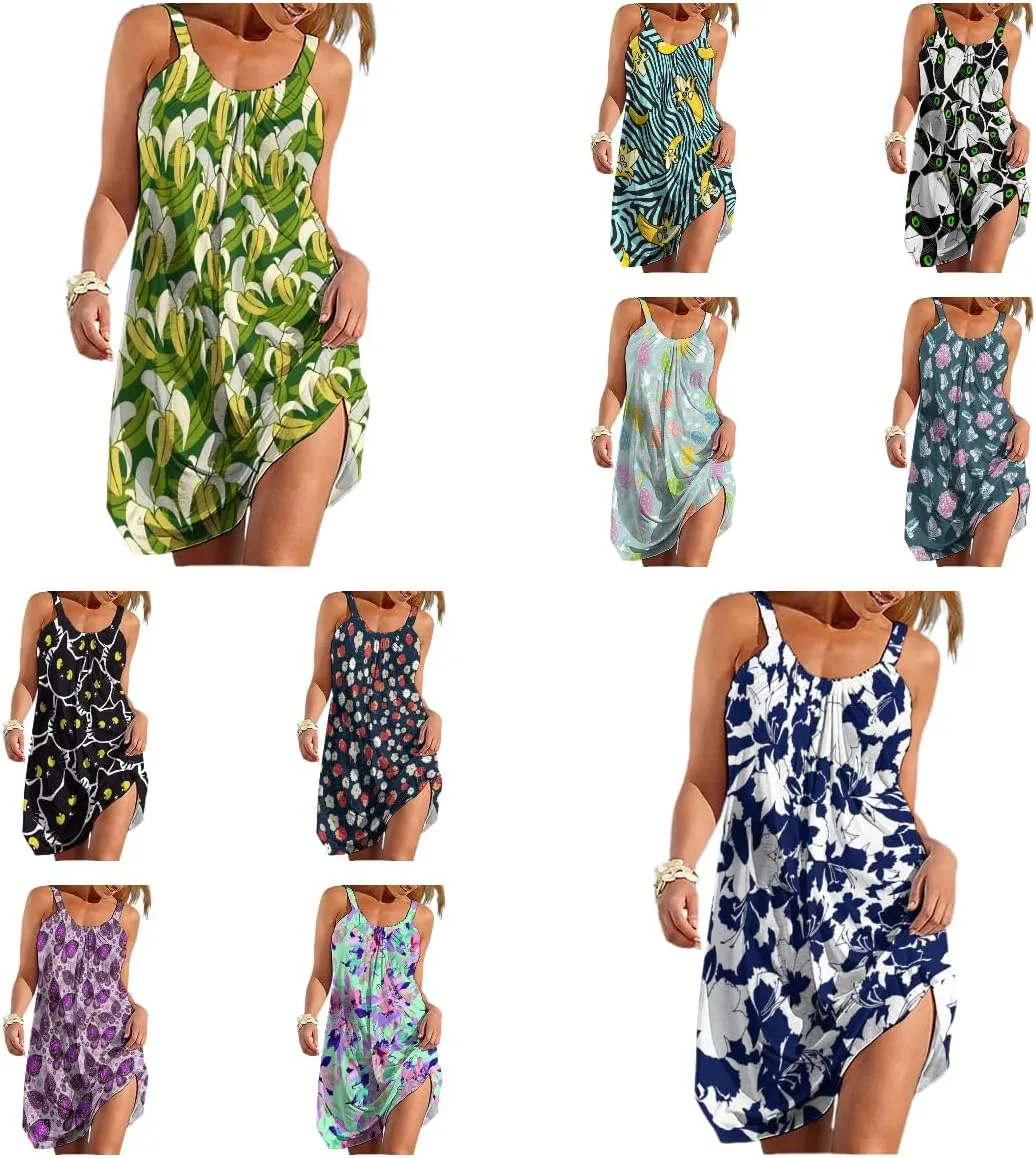 Women's Summer Bohemian Spaghetti Strap Loose Casual Flowy Midi Dress Beach Party Short Dresses for Vacation
