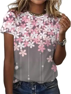 Womens Summer Casual Floral Tops Boho Flower Plant Print T Shirt Short Sleeve Crewneck Landscape Dandelion Tee
