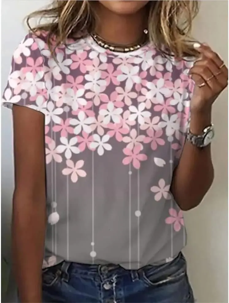 Womens Summer Casual Floral Tops Boho Flower Plant Print T Shirt Short Sleeve Crewneck Landscape Dandelion Tee