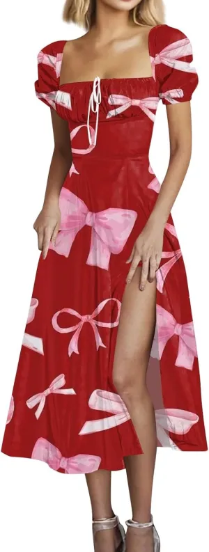 Women's Summer Casual Loose Trendy Bubble Sleeve Square Neck Split Bow Floral Print Dresses 2025 Plus Size, XS-3XL