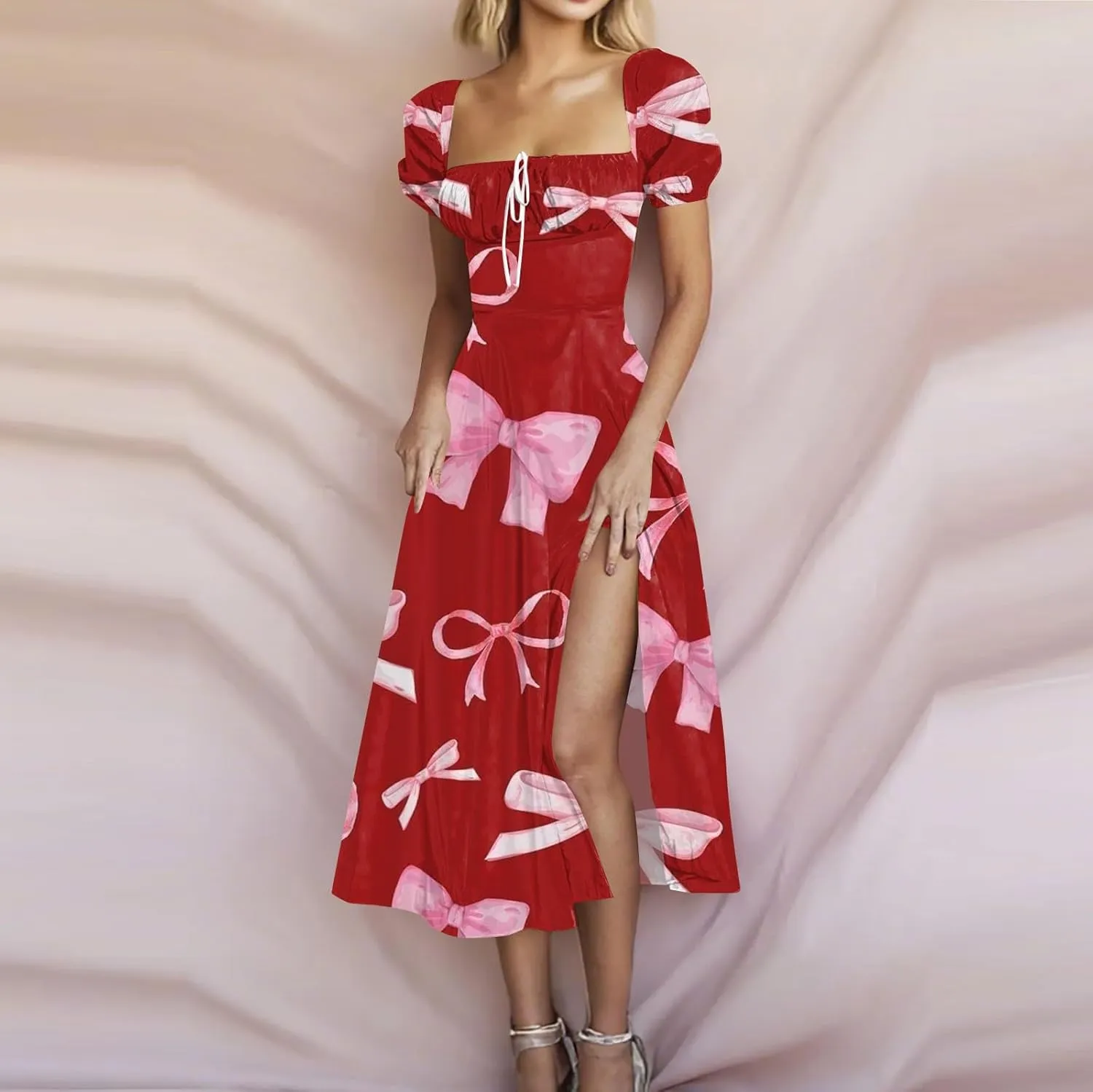 Women's Summer Casual Loose Trendy Bubble Sleeve Square Neck Split Bow Floral Print Dresses 2025 Plus Size, XS-3XL