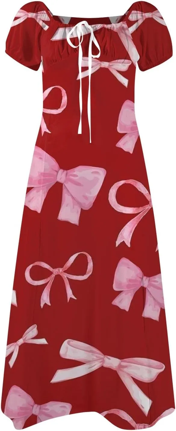 Women's Summer Casual Loose Trendy Bubble Sleeve Square Neck Split Bow Floral Print Dresses 2025 Plus Size, XS-3XL