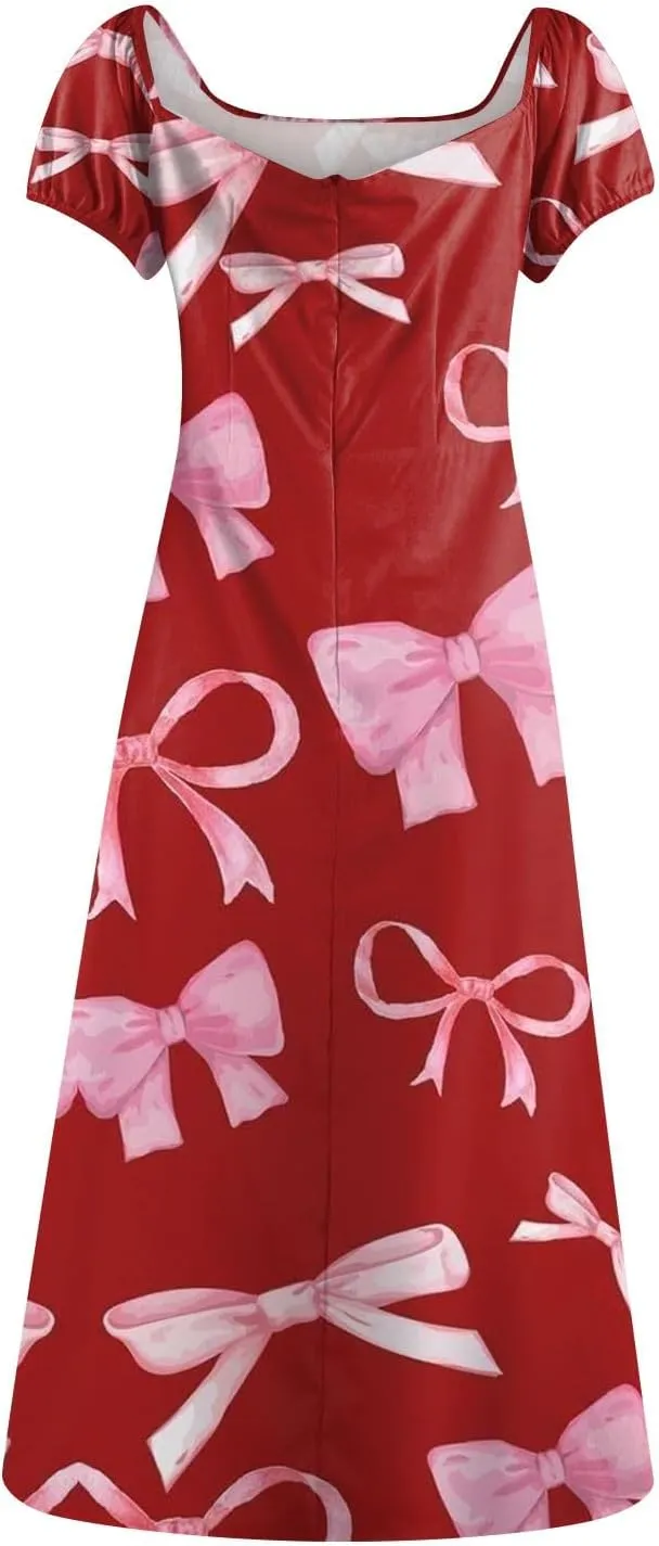 Women's Summer Casual Loose Trendy Bubble Sleeve Square Neck Split Bow Floral Print Dresses 2025 Plus Size, XS-3XL