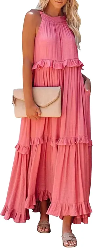 Women's Summer Casual Solid Sleeveless Hanging Neck Swing Flowy Beach Maxi Dress