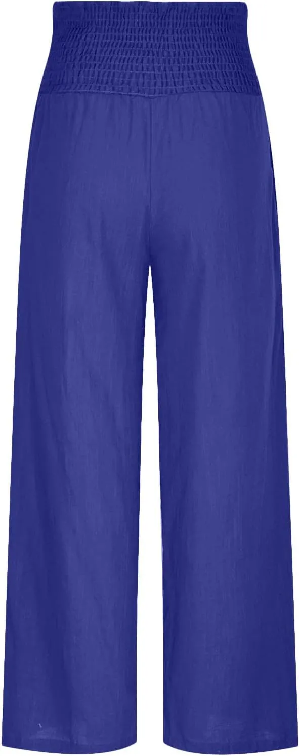 Women's Summer High Waisted Cotton Linen Palazzo Pants Wide Leg Long Lounge Pant Trousers Joggers Slacks with Pockets