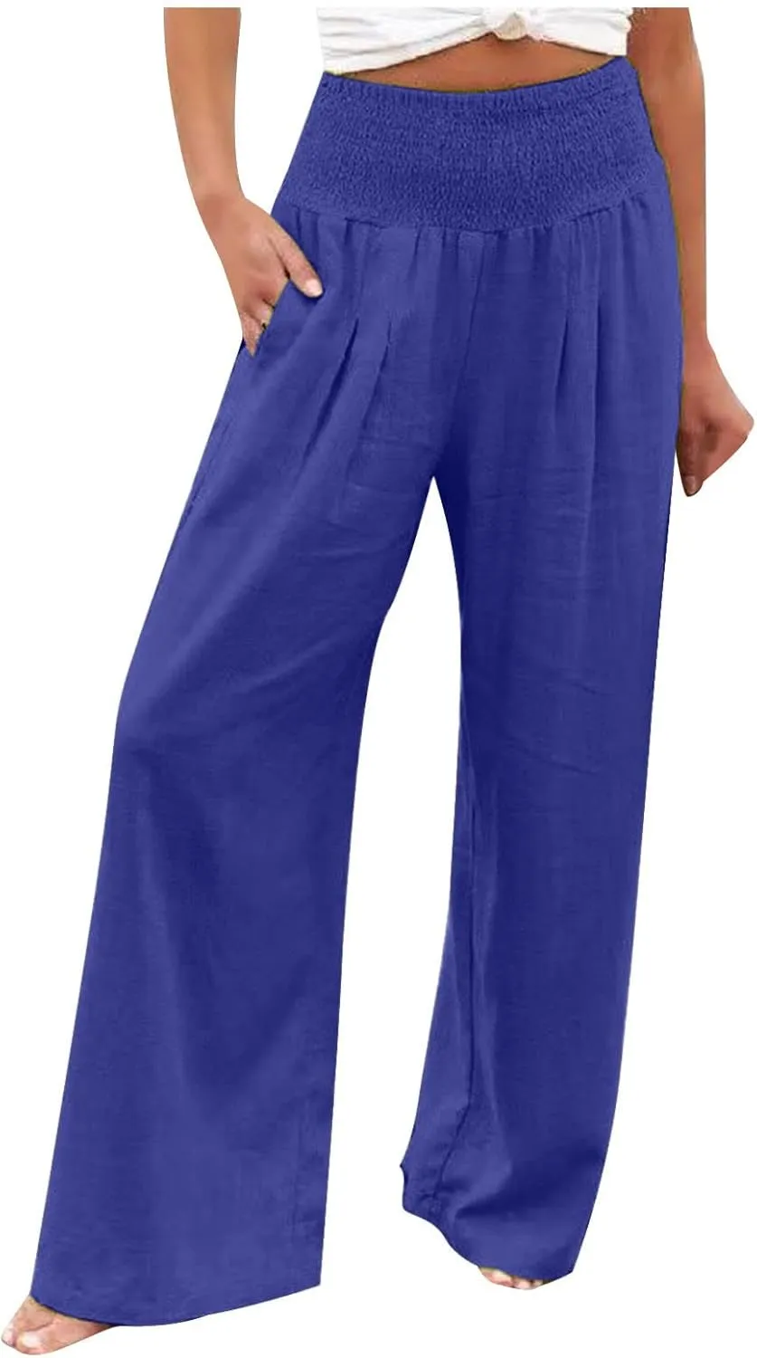 Women's Summer High Waisted Cotton Linen Palazzo Pants Wide Leg Long Lounge Pant Trousers Joggers Slacks with Pockets