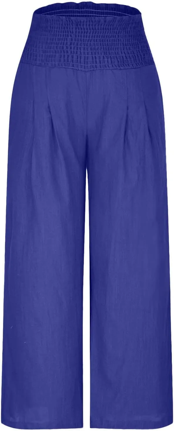 Women's Summer High Waisted Cotton Linen Palazzo Pants Wide Leg Long Lounge Pant Trousers Joggers Slacks with Pockets