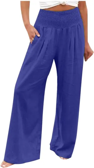 Women's Summer High Waisted Cotton Linen Palazzo Pants Wide Leg Long Lounge Pant Trousers Joggers Slacks with Pockets