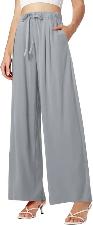 Women's Summer Linen Palazzo Pants Wide Leg Drawstring Elastic High Waist Casual Loose Beach Travel Lounge Pants 2025