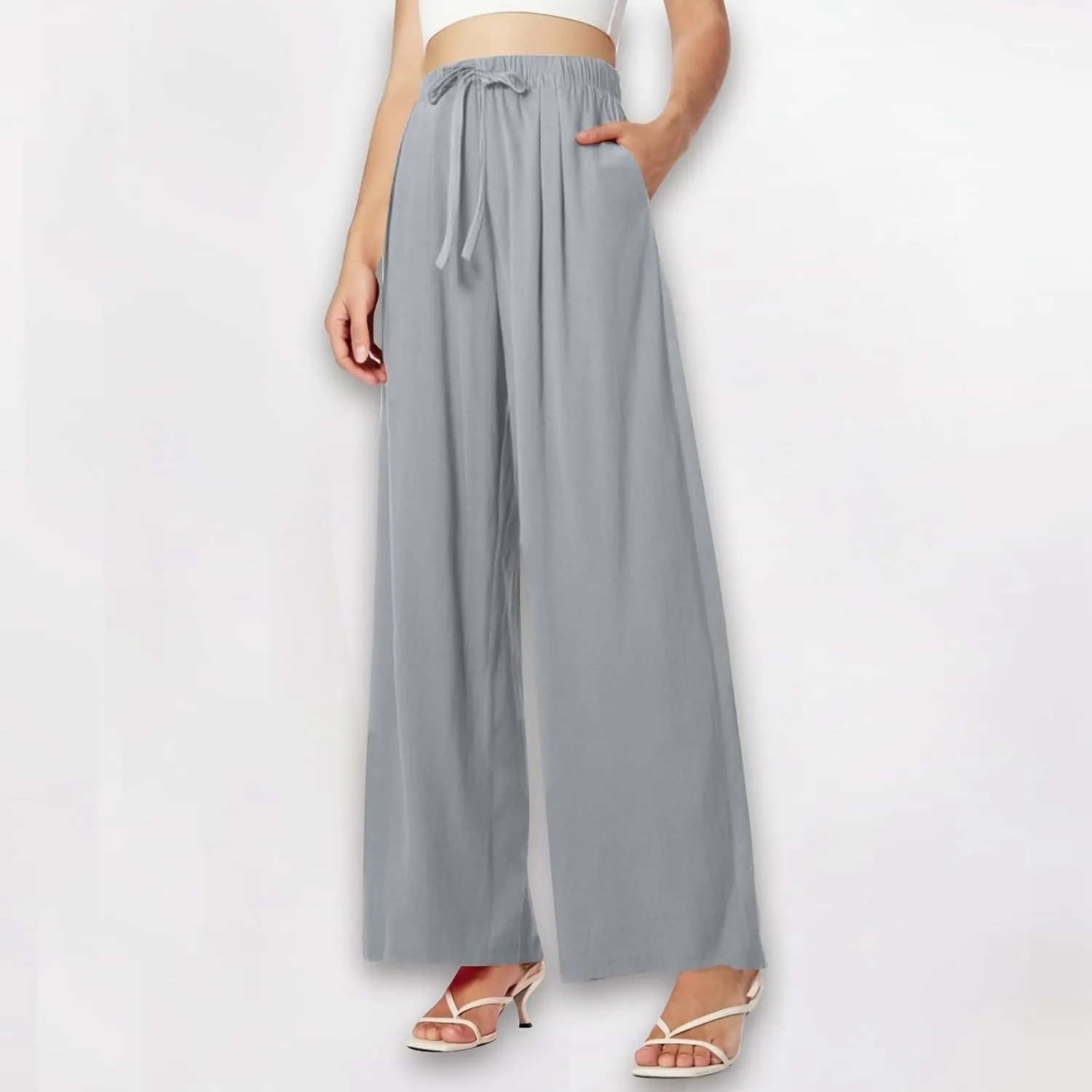 Women's Summer Linen Palazzo Pants Wide Leg Drawstring Elastic High Waist Casual Loose Beach Travel Lounge Pants 2025