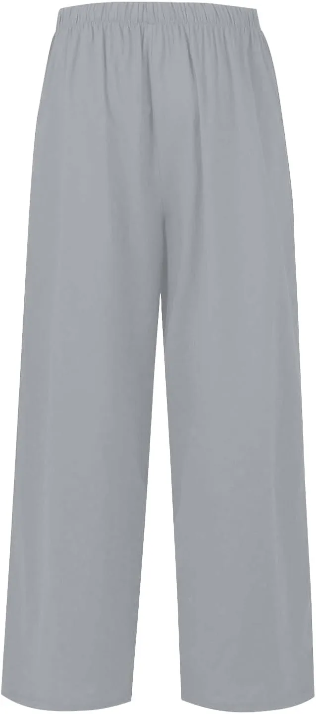 Women's Summer Linen Palazzo Pants Wide Leg Drawstring Elastic High Waist Casual Loose Beach Travel Lounge Pants 2025