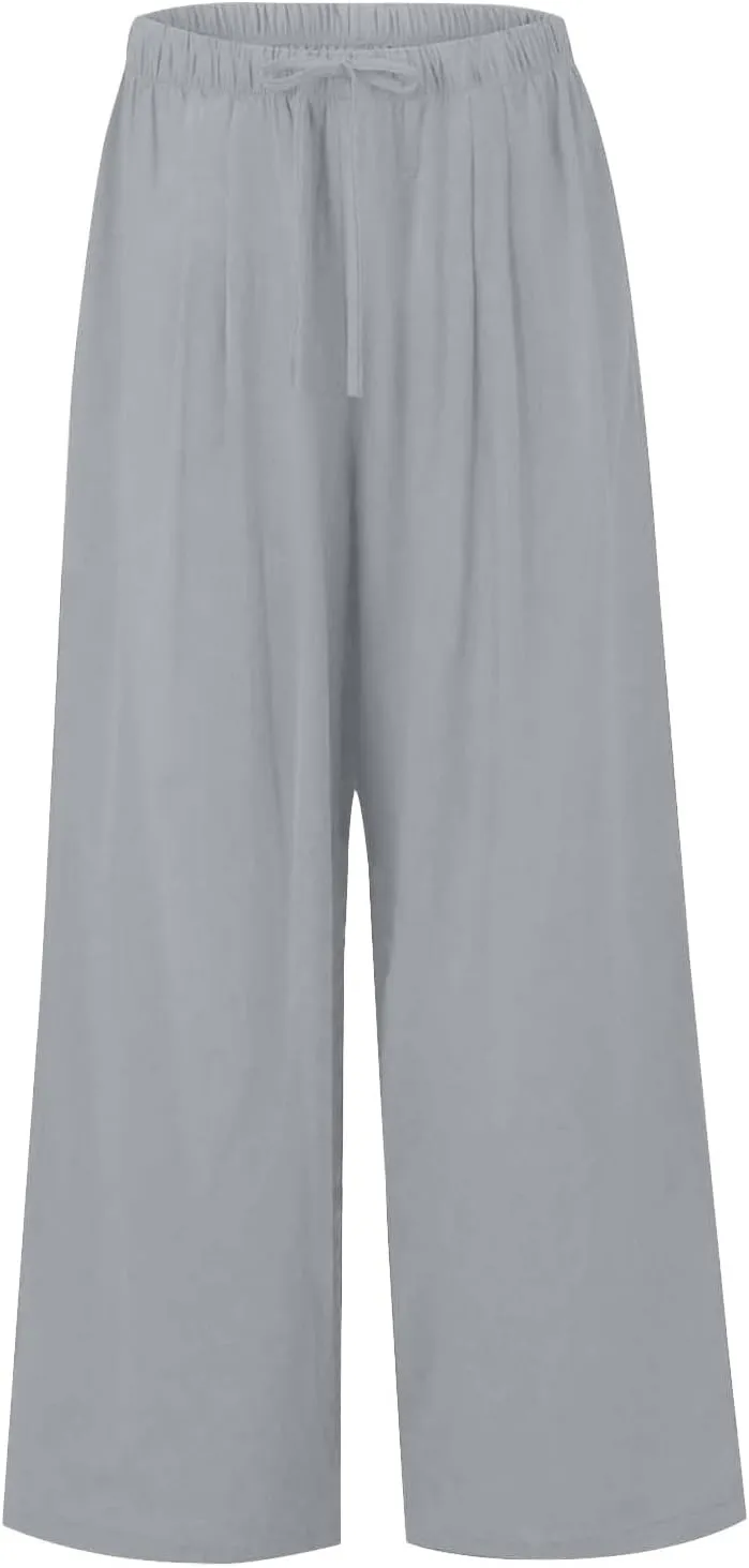 Women's Summer Linen Palazzo Pants Wide Leg Drawstring Elastic High Waist Casual Loose Beach Travel Lounge Pants 2025