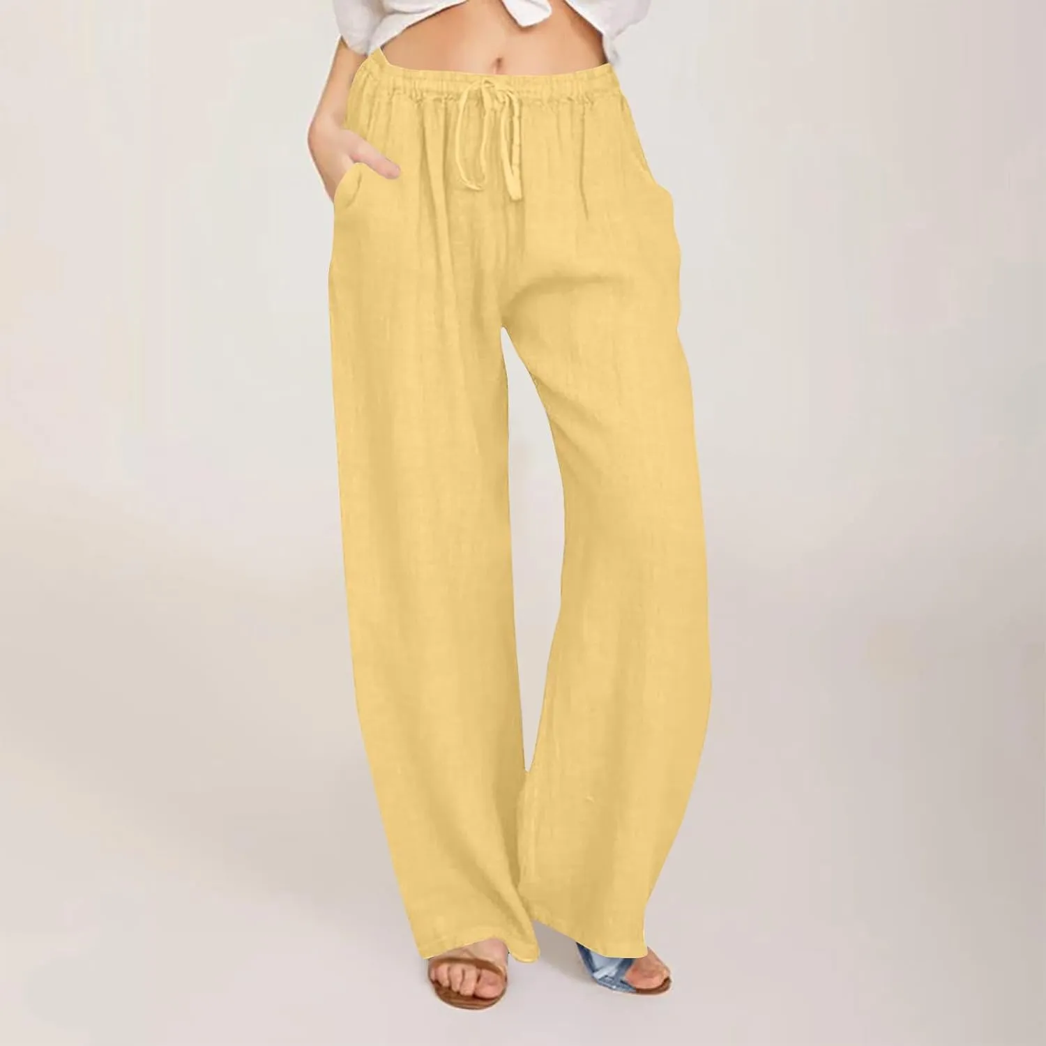 Women's Summer Linen Pants Casual Beach Drawstring Waist Wide Leg Trouser with Pocket Loose Cotton Linen Palazzo Pant