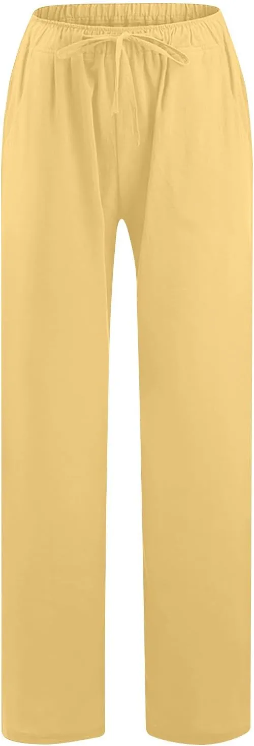 Women's Summer Linen Pants Casual Beach Drawstring Waist Wide Leg Trouser with Pocket Loose Cotton Linen Palazzo Pant