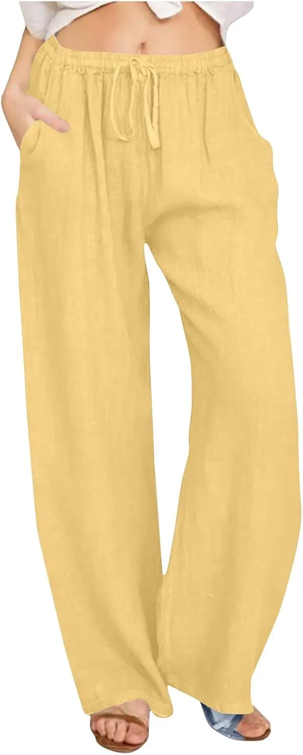 Women's Summer Linen Pants Casual Beach Drawstring Waist Wide Leg Trouser with Pocket Loose Cotton Linen Palazzo Pant