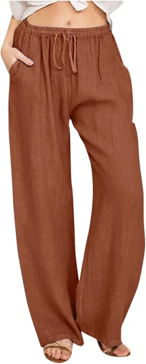 Women's Summer Linen Pants Casual Beach Drawstring Waist Wide Leg Trouser with Pocket Loose Cotton Linen Palazzo Pant
