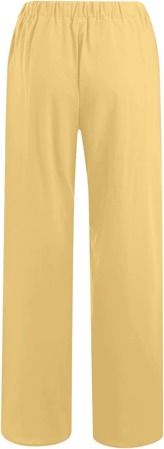 Women's Summer Linen Pants Casual Beach Drawstring Waist Wide Leg Trouser with Pocket Loose Cotton Linen Palazzo Pant