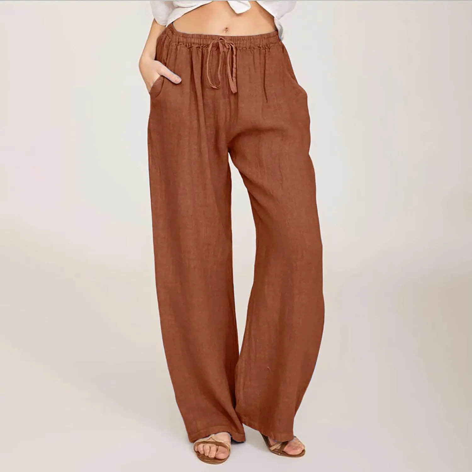 Women's Summer Linen Pants Casual Beach Drawstring Waist Wide Leg Trouser with Pocket Loose Cotton Linen Palazzo Pant