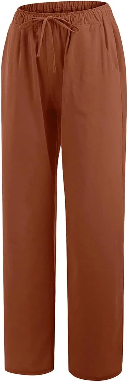 Women's Summer Linen Pants Casual Beach Drawstring Waist Wide Leg Trouser with Pocket Loose Cotton Linen Palazzo Pant