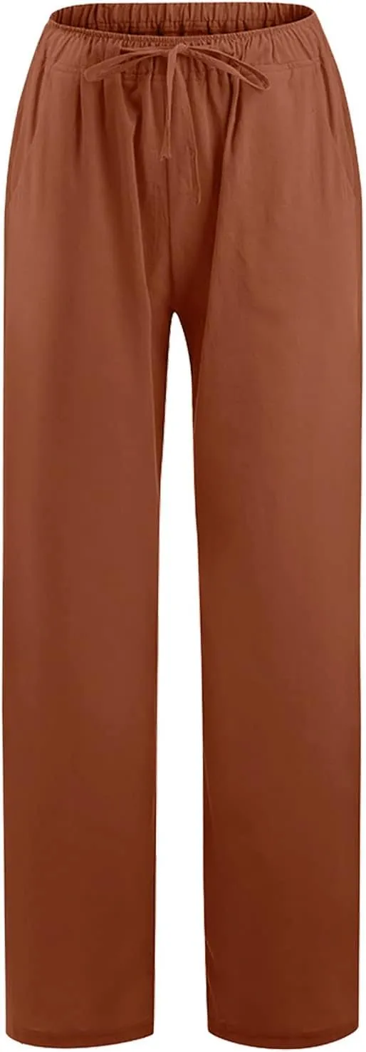 Women's Summer Linen Pants Casual Beach Drawstring Waist Wide Leg Trouser with Pocket Loose Cotton Linen Palazzo Pant