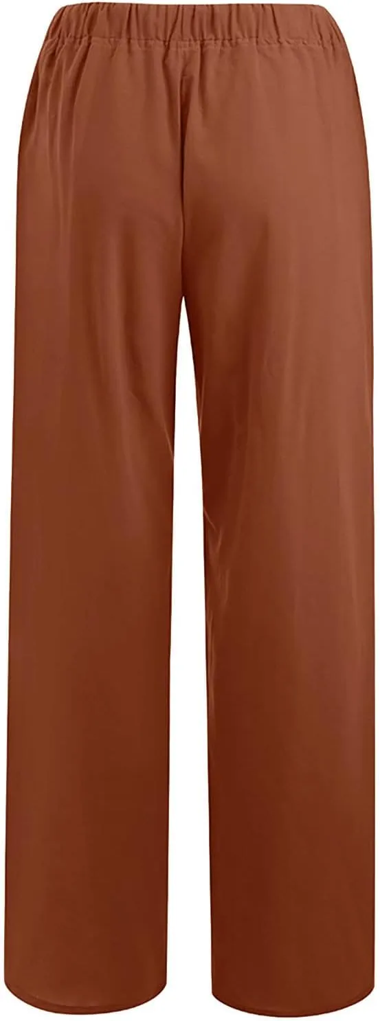 Women's Summer Linen Pants Casual Beach Drawstring Waist Wide Leg Trouser with Pocket Loose Cotton Linen Palazzo Pant