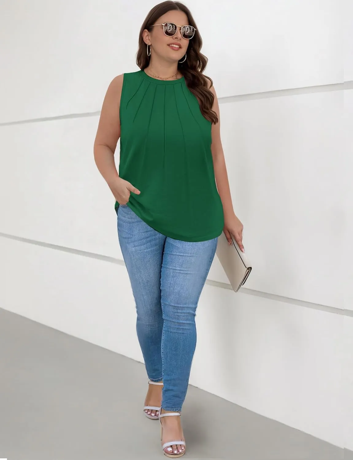 Womens Summer Tank Tops Sleeveless Casual Flowy Tops Pleated Round Neck for Women Casual Loose Fit Tee Shirt