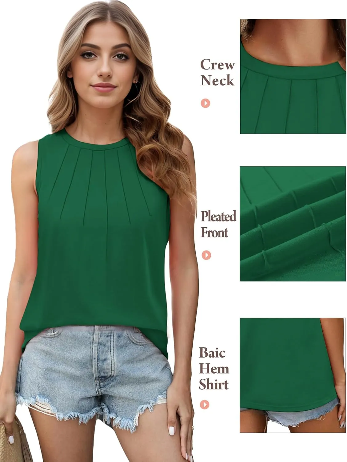 Womens Summer Tank Tops Sleeveless Casual Flowy Tops Pleated Round Neck for Women Casual Loose Fit Tee Shirt