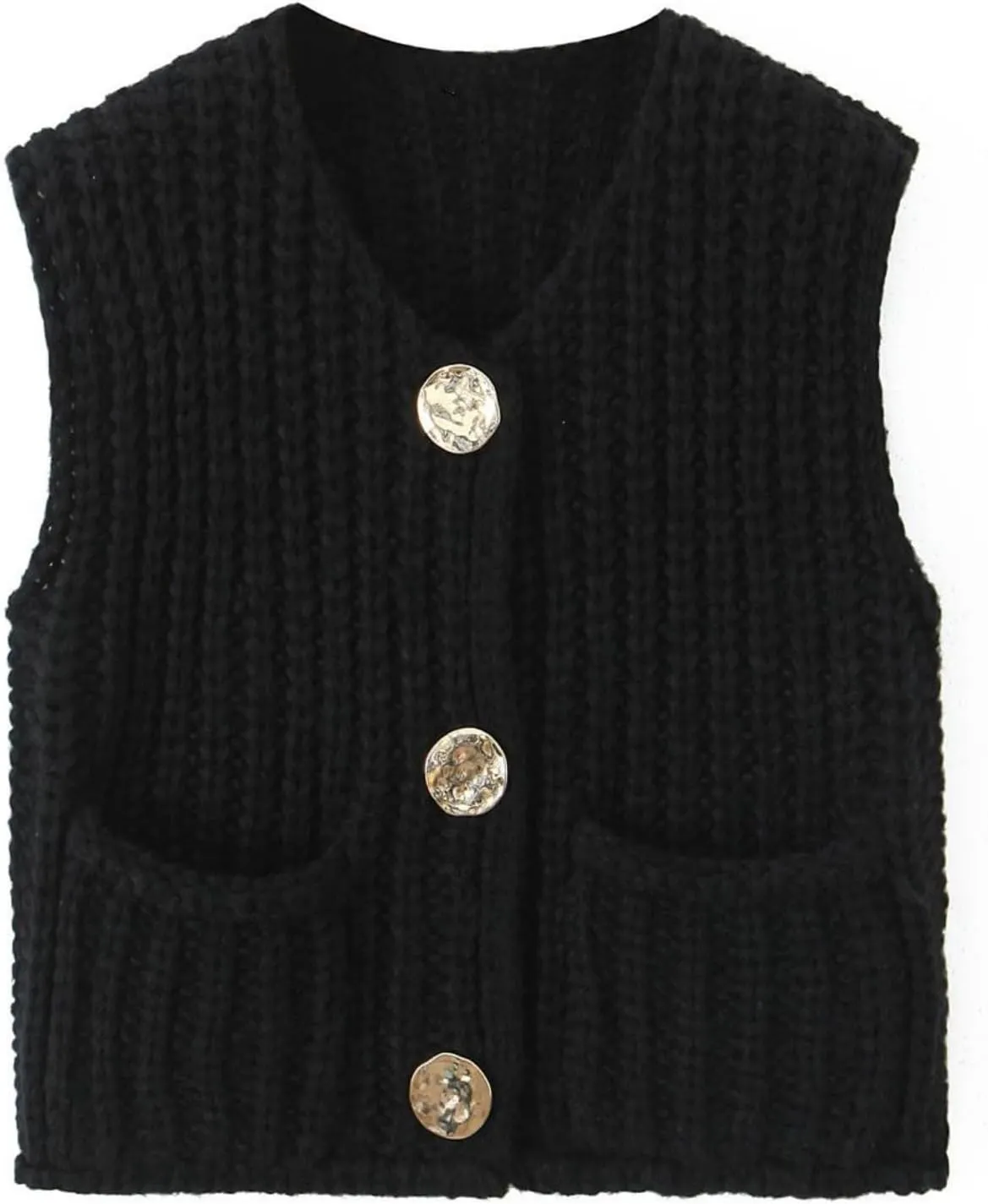 Women's Sweater Vest Knit Top Crop Crochet Chunky Sleeveless With Gold Button XS-XL