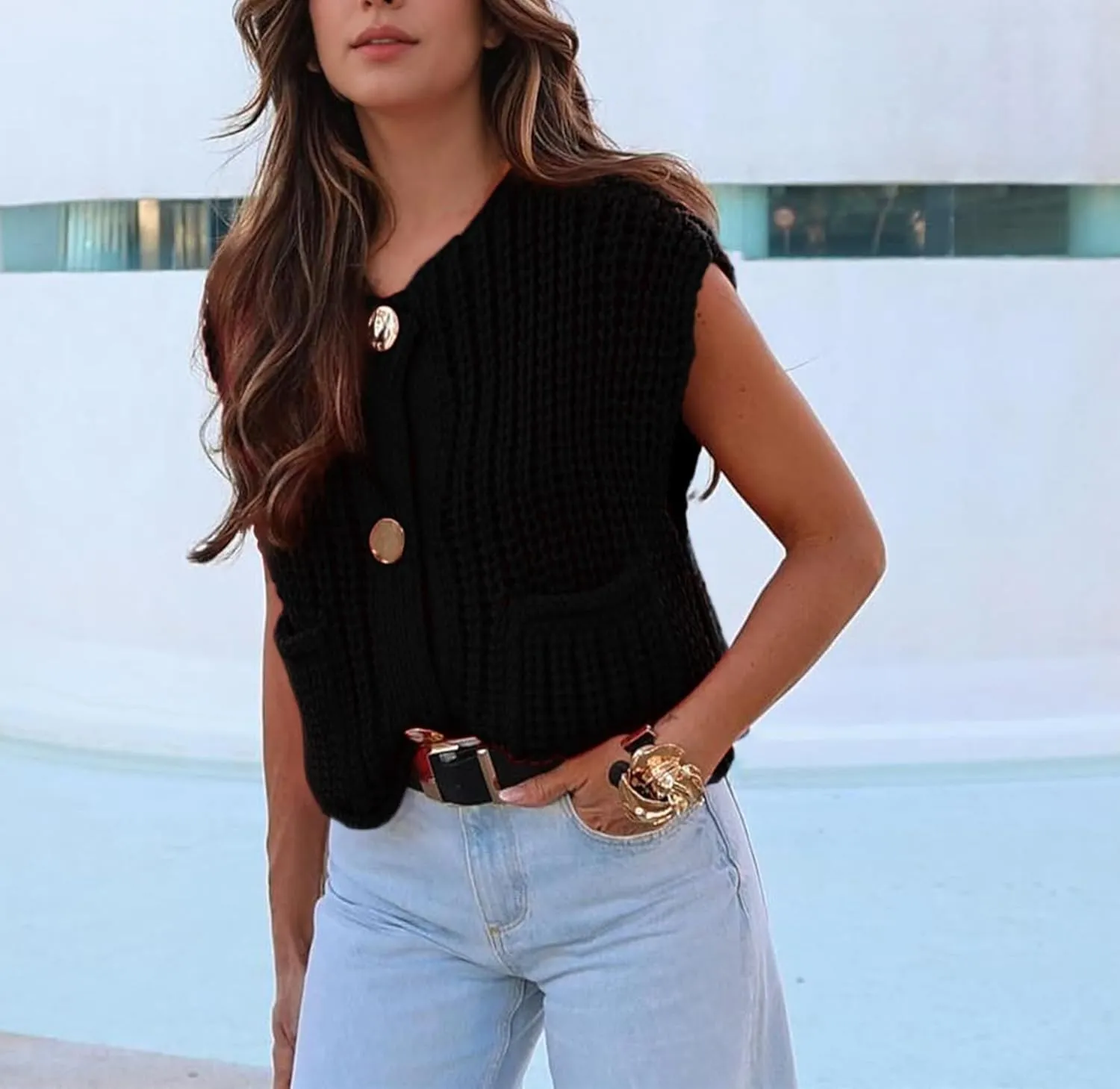 Women's Sweater Vest Knit Top Crop Crochet Chunky Sleeveless With Gold Button XS-XL