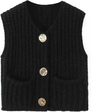 Women's Sweater Vest Knit Top Crop Crochet Chunky Sleeveless With Gold Button XS-XL