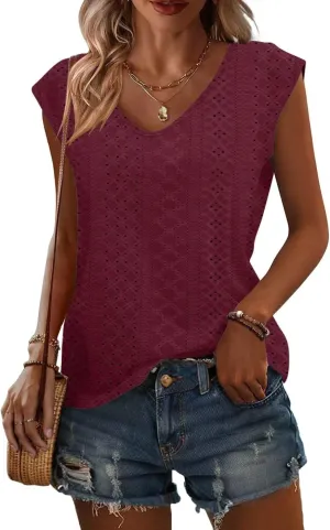 Womens Tops Cap Sleeve T Shirts 2025 Eyelet Embroidery U Neck Summer Fashion Clothes Basic Casual Tee