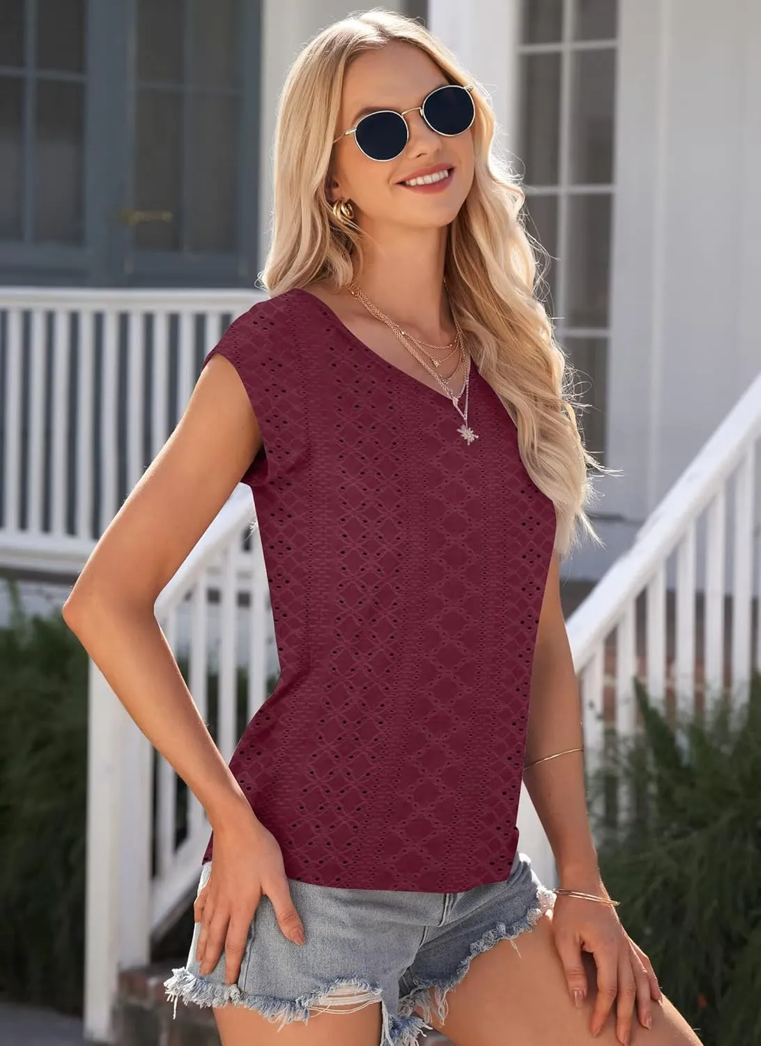 Womens Tops Cap Sleeve T Shirts 2025 Eyelet Embroidery U Neck Summer Fashion Clothes Basic Casual Tee