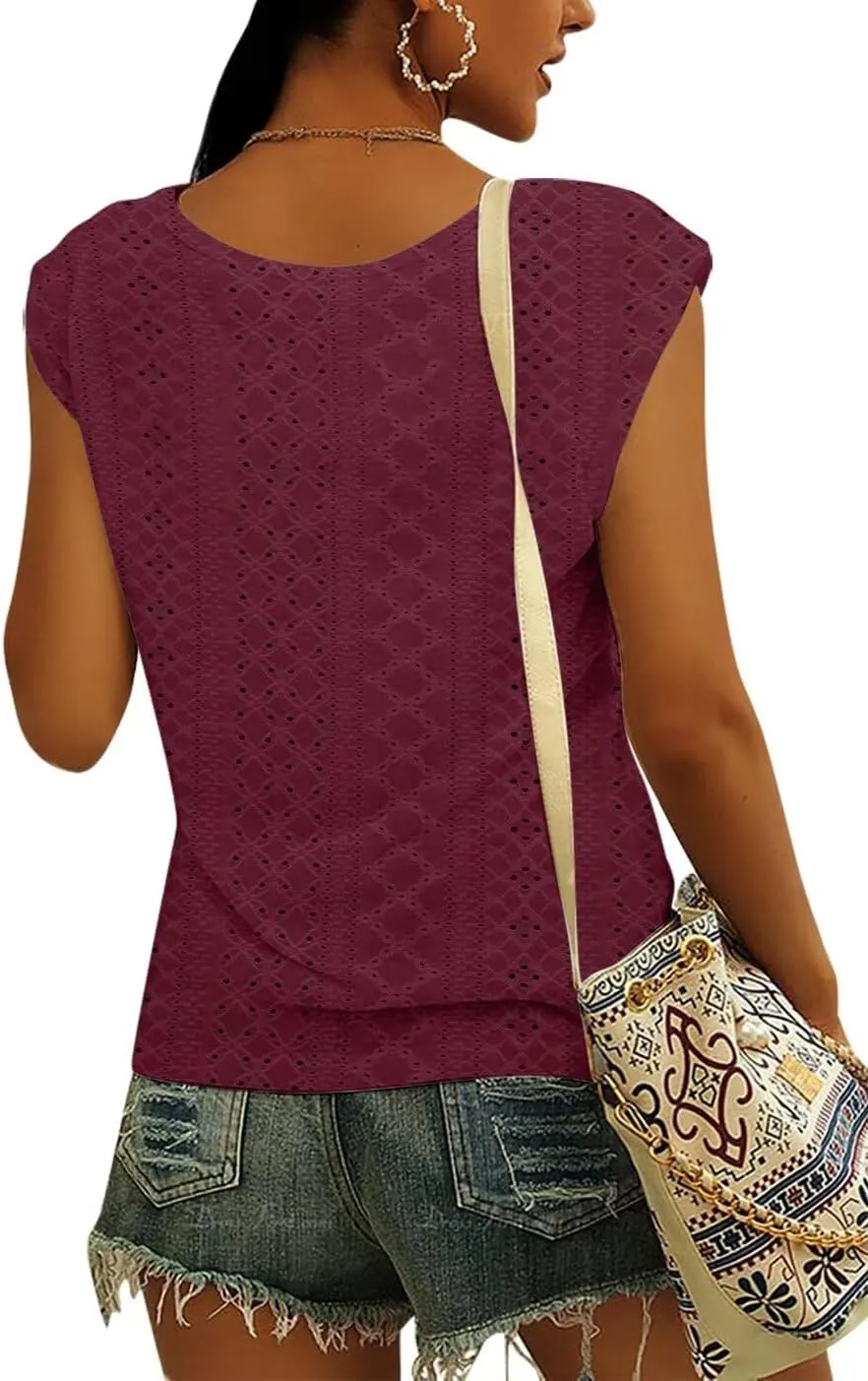 Womens Tops Cap Sleeve T Shirts 2025 Eyelet Embroidery U Neck Summer Fashion Clothes Basic Casual Tee