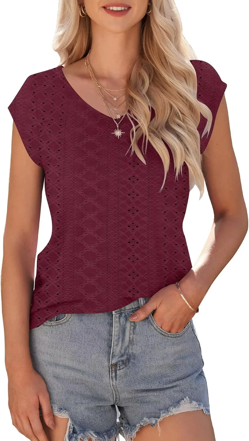 Womens Tops Cap Sleeve T Shirts 2025 Eyelet Embroidery U Neck Summer Fashion Clothes Basic Casual Tee