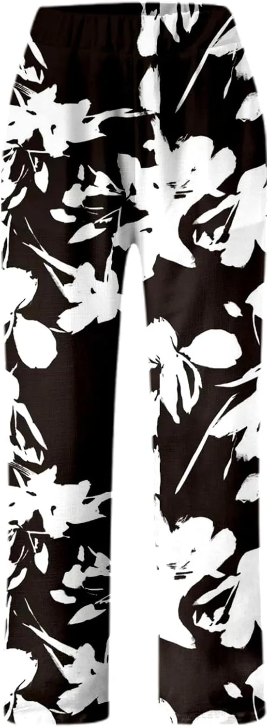 Womens Wide Leg Linen Pants Boho Tropical Print High Waist Trousers Casual Straight Wide Leg Loose Fit Trendy Pants