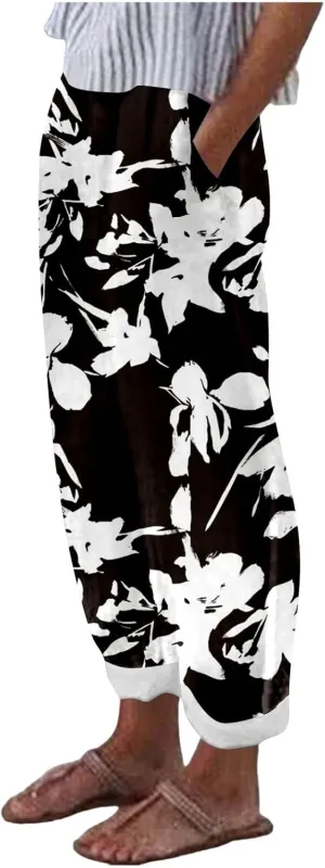 Womens Wide Leg Linen Pants Boho Tropical Print High Waist Trousers Casual Straight Wide Leg Loose Fit Trendy Pants