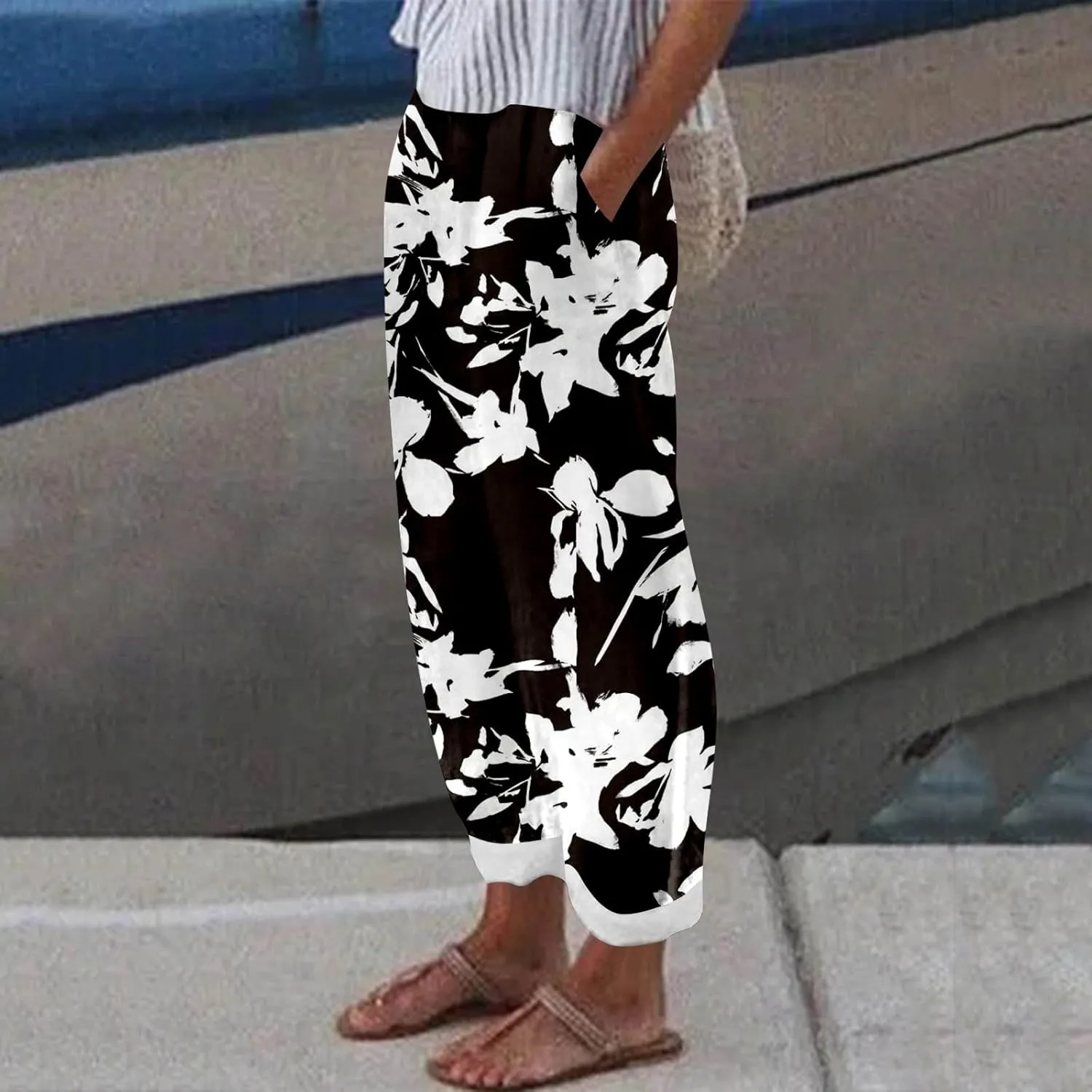 Womens Wide Leg Linen Pants Boho Tropical Print High Waist Trousers Casual Straight Wide Leg Loose Fit Trendy Pants