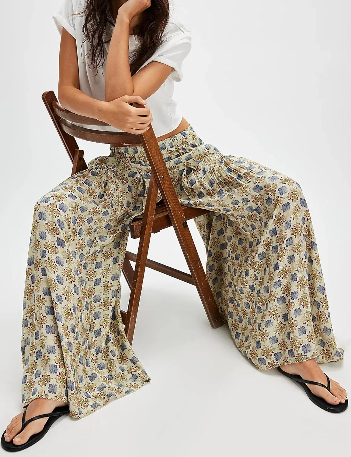 Womens Wide Leg Pants Flowy High Elastic Waist Loose Printed Beach Boho Yoga Casual Long Trousers