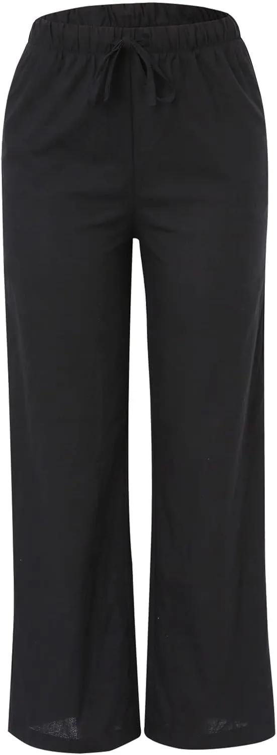 Womens Wide Leg Pants Summer Cotton Linen Casual Solid Color Flowy Trousers with Pockets Trendy Simple Comfy Baggy Pants