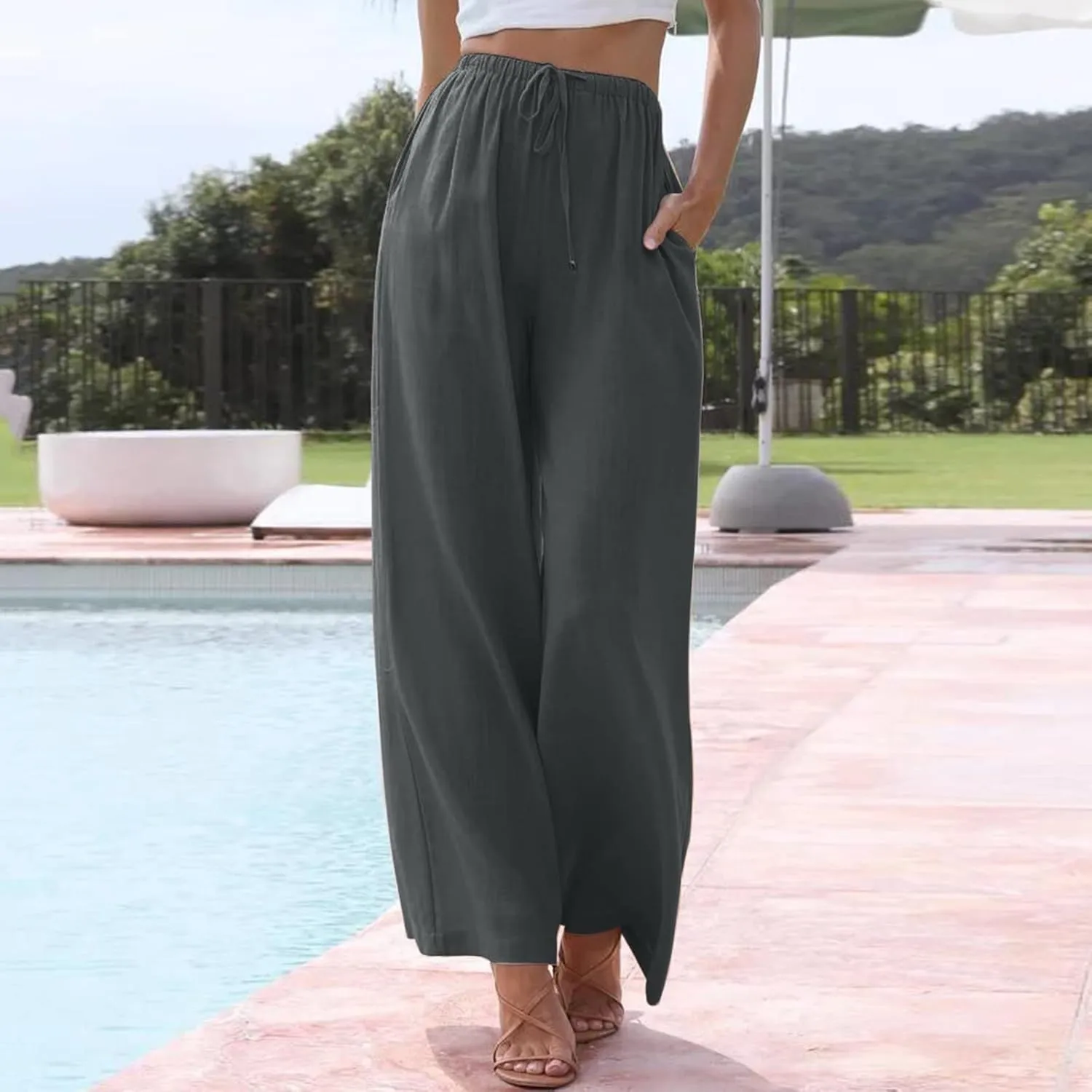 Womens Wide Leg Pants Summer Cotton Linen Casual Solid Color Flowy Trousers with Pockets Trendy Simple Comfy Baggy Pants