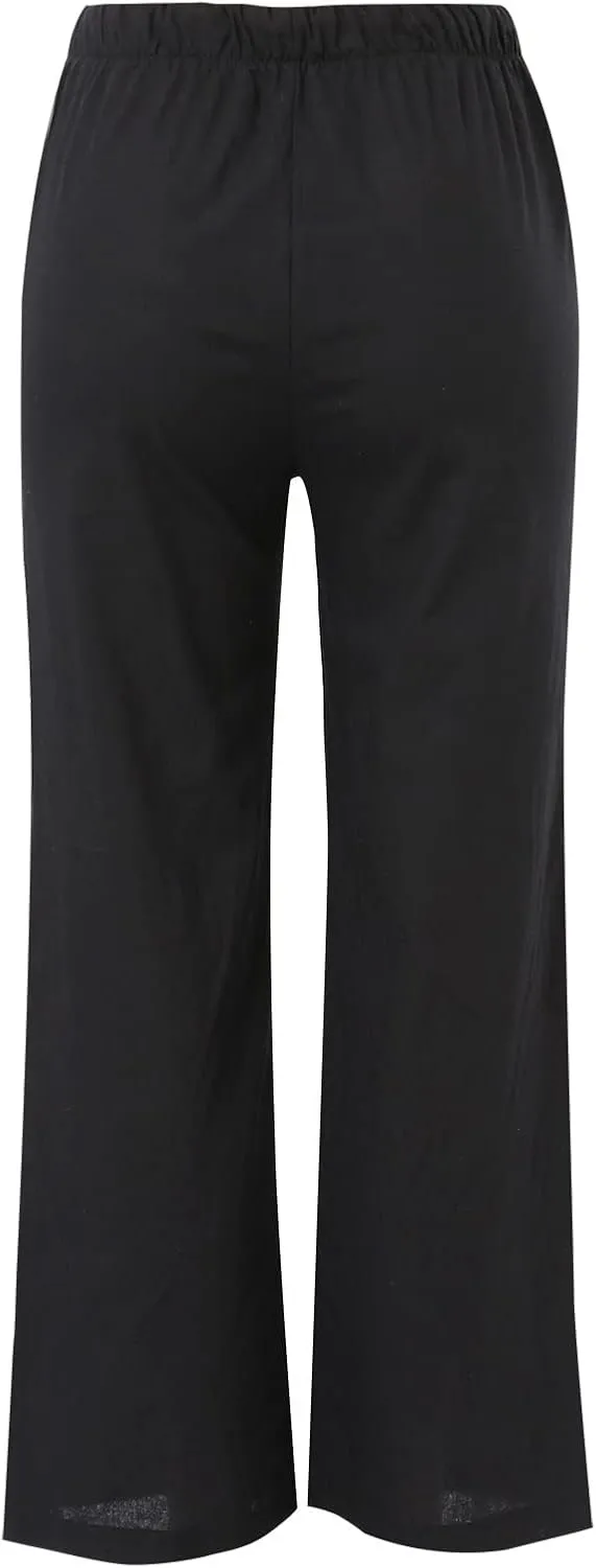 Womens Wide Leg Pants Summer Cotton Linen Casual Solid Color Flowy Trousers with Pockets Trendy Simple Comfy Baggy Pants