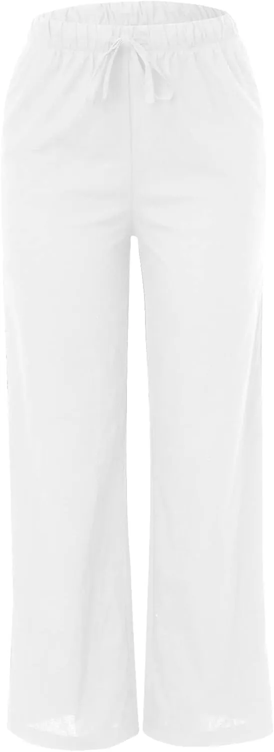 Womens Wide Leg Pants Summer Cotton Linen Casual Solid Color Flowy Trousers with Pockets Trendy Simple Comfy Baggy Pants