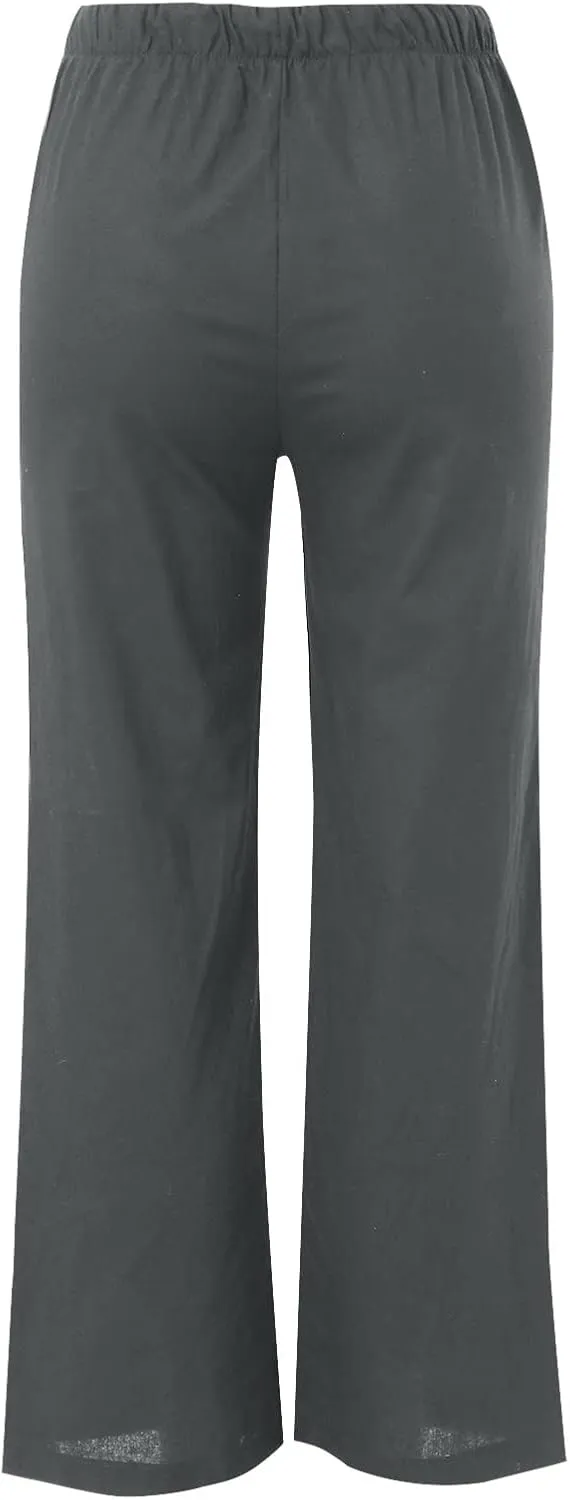 Womens Wide Leg Pants Summer Cotton Linen Casual Solid Color Flowy Trousers with Pockets Trendy Simple Comfy Baggy Pants