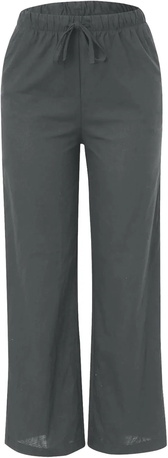Womens Wide Leg Pants Summer Cotton Linen Casual Solid Color Flowy Trousers with Pockets Trendy Simple Comfy Baggy Pants